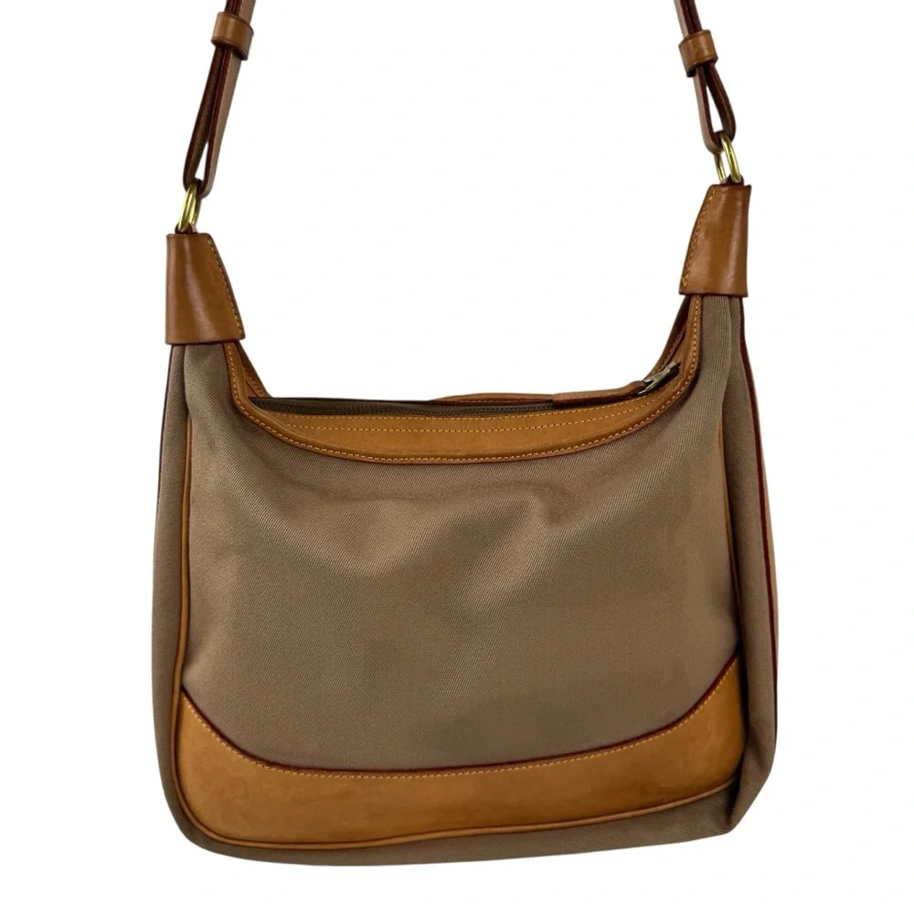 VTG Dooney & Bourke Canvas & Leather Hobo Large Crossbody Bag Tan Brown
